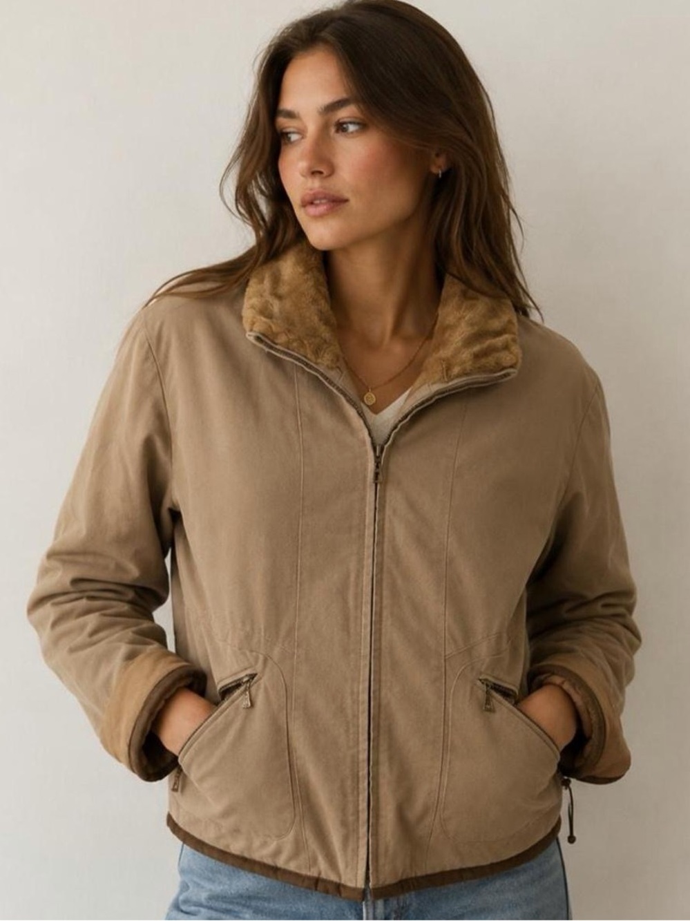 Vintage y2k Women’s Cropped Cotton Bomber Jacket Tan Faux Fur Collar Zip Size 8